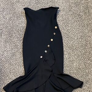Strapless Black Midi Dress with Gold-Tone Button Detail